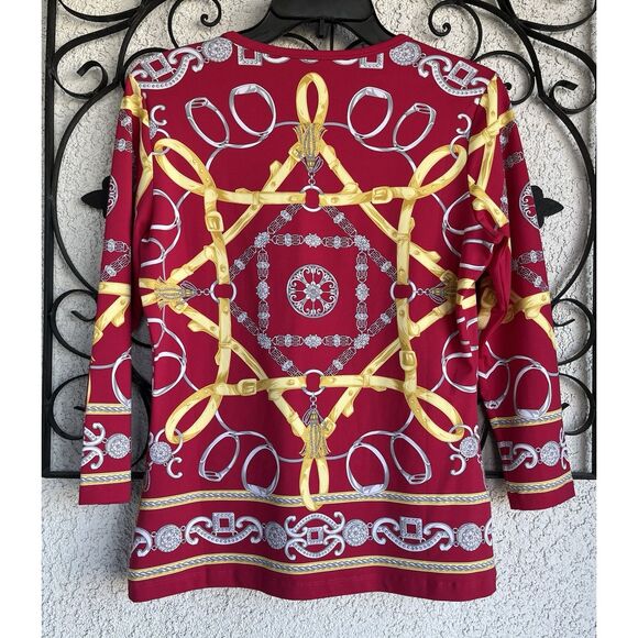 J. McLaughlin Gold Tassel Chain Links Blouse - Size Small - Red/Gold - Picture 4 of 7